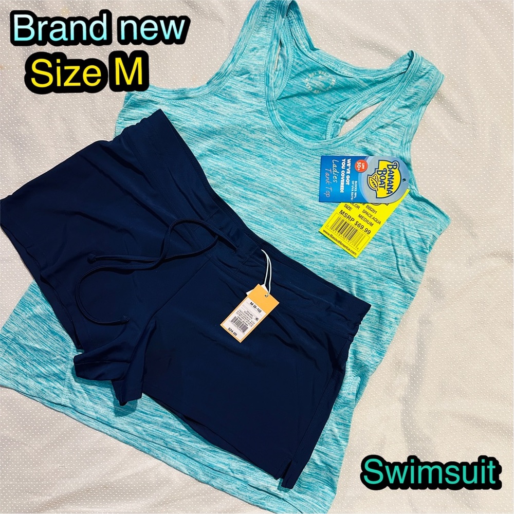 NEW Banana Boat Women Tank top UPF 50+ sz M & Target Swim Shorts Bottom sz M
